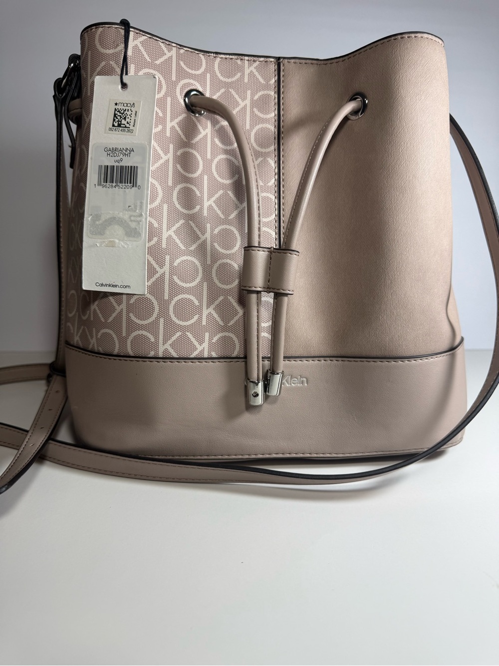 Calvin Klein Taupe Logo Drawstring Crossbody Bucket Bag